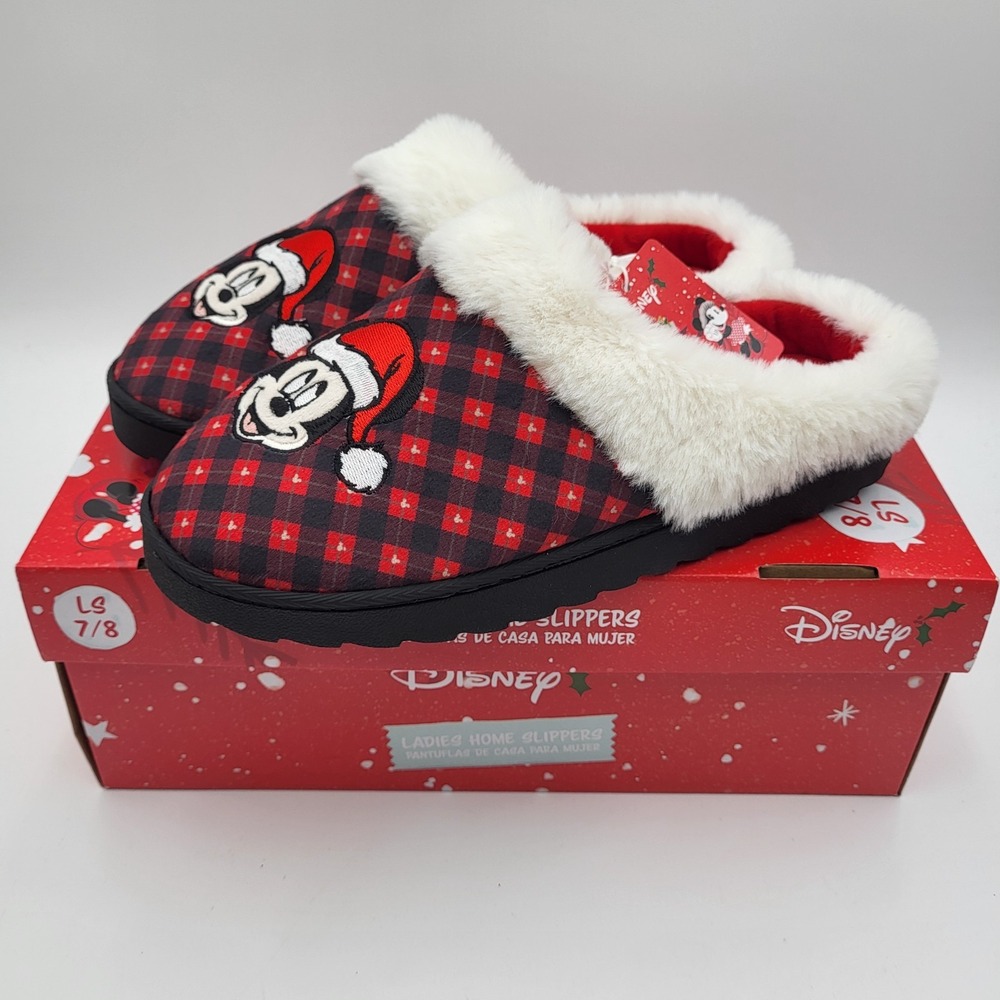 Disney Mickey Mouse Christmas Ladies Home Slippers 7/8 Red Plaid Faux Fur